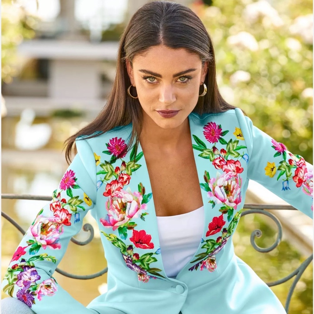 Boston Proper Light Blue Floral Blazer with Pink, Red & Green Accents